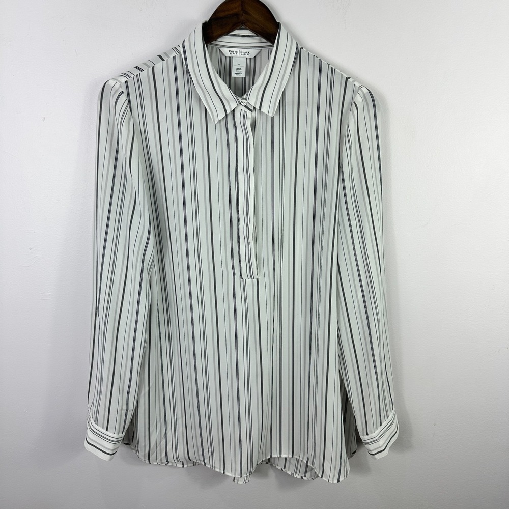 White House Black Market Blouse Womens 8 White Striped Long Sleeve Career Top
